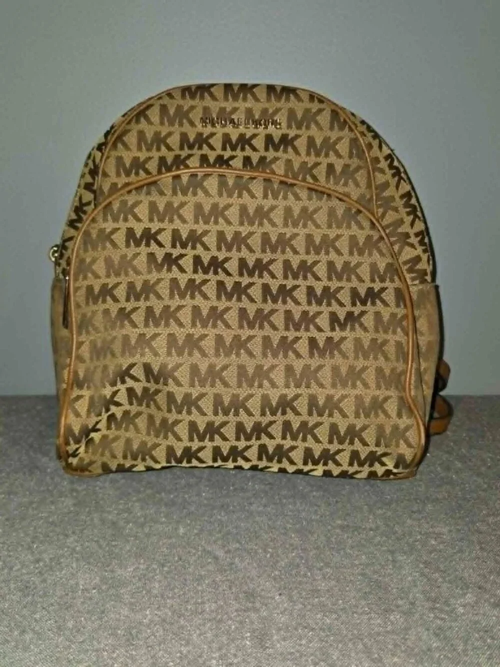 Michael Kors MK Signature Jacquard Small Backpack Brown Tan Leather Trim